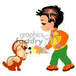 The clipart image shows a young boy giving an ice cream cone to a small, attentive dog. The boy is bending forward slightly toward the dog, and the dog is looking up at the ice cream. Both the boy and the dog appear to be in a cheerful interaction.