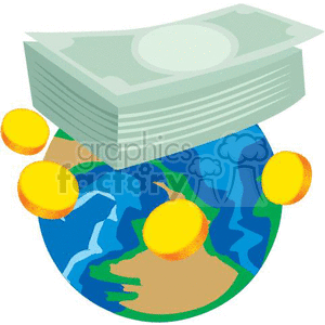 clipart - stack of money on top of Earth.