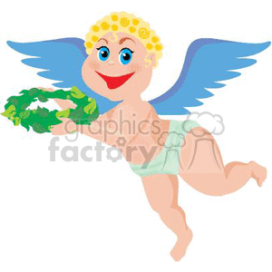 A Happy Angel Flying with Blue Wings and it is Holding a Wreath