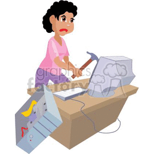 clipart - Women smashing her computer with a hammer.