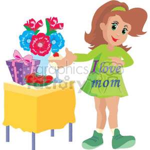 Little girl with a table full of flowers and gifts