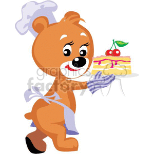 Chef teddy bear holding a cherry piece of cake