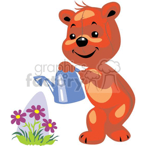 Orange teddy bear watering flowers