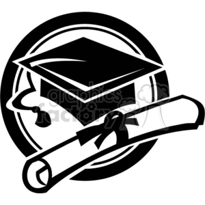 Black and white outline of cap and diploma clipart.