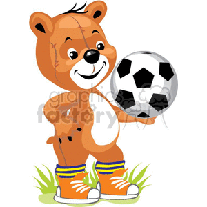 Teddy bear wearing orngae tennis shoes and holding a soccer ball