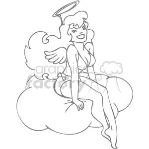 clipart - black and white pinup angel sitting on a cloud.