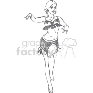 clipart - black and white girl wearing a hula outfit dancing.