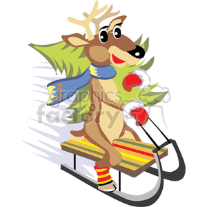 Reindeer Sledding Fast Down a Hill Holding a Christmas Tree clipart. Commercial use image # 372601