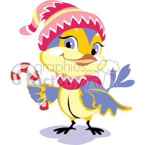 bird dressed for winter holding a candy cane clipart. Commercial use image # 372611