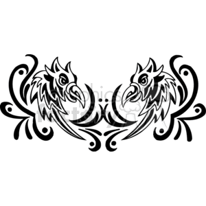 Black and white side profile of two tribal birds, head only clipart.