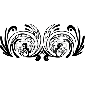 Black and white tribal art of birds with abstract bodies, mirror image clipart.
