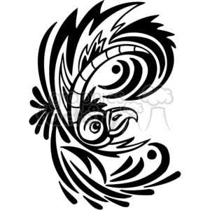 clipart - Black and white tribal art of bird with large crested plumage.