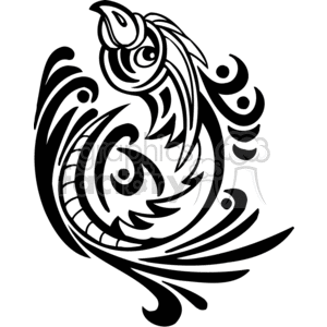 Black and white tribal art of rising phoenix, left-facing clipart.