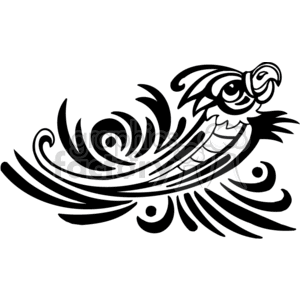 Black and white tribal art of parrot in midflight