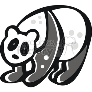 The image is of a cartoon panda. It has gray and white areas, with large spots on it. It has large black eyes that are well known for Pandas