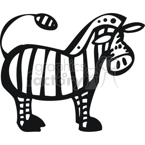 A line drawing of a zebra. The tail is pointing upwards, and it has very definitive stripes all over its body, legs and head.