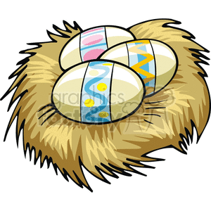 clipart - Three Decorated Easter Eggs in a Nest.