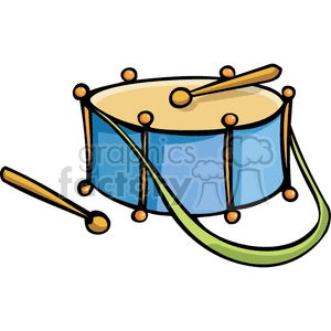The image shows a cartoon of a drum with two sticks to play it with. The drum is round with a white body and the outside of the drum is blue