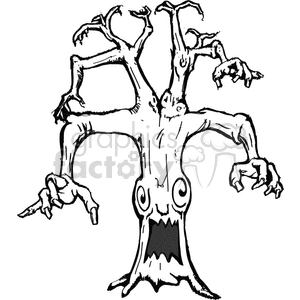 vector Halloween images clipart scary tree monster angry mad mean big trees death life fall rg black+white drawing nightmare grumpy