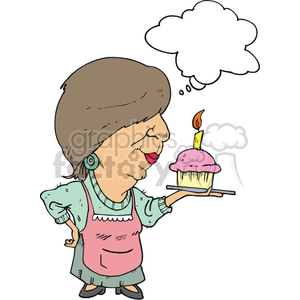 clipart - Women holding a cupcake with 1 candle in it.