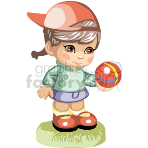 Little girl in a baseball cap holding a red striped ball