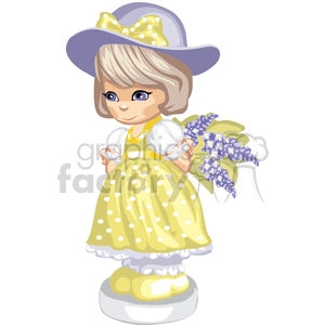 A Small Girl in a Yellow Polka Dot Dress Holding a Purple Flower Bouquet behind Her Back clipart.