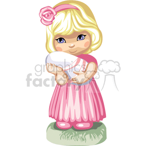 A Little Girl Dressed all in Pink holding a Wrapped Baby clipart.