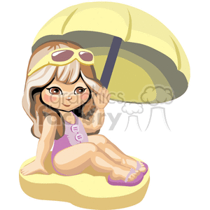A little girl at the beach under an umbrella with sunglasses on her head clipart.