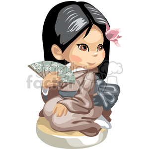 Asian girl in a brown kimono holding a fan with a flower in her hair clipart.