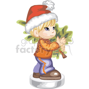 A little boy in a santa hat carrying a chrismas tree