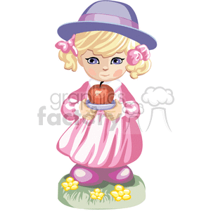 clipart - A Little Girl in a Pink Dress and Purple Hat Holding an Apple .