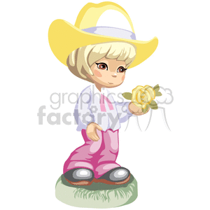 clipart - A Little Blonde Girl in Western Wear Holding a Single Yellow Rose.