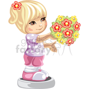 A Little Girl Wearing a Polka Dot Shirt Holding a Big Bouquet of Red and Yellow Flowers clipart.