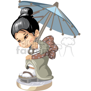 Small asian girl holding an umbrella clipart.