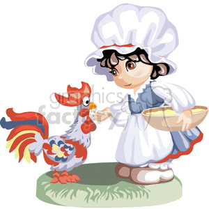 clipart - A peasant girl feeding a chicken.