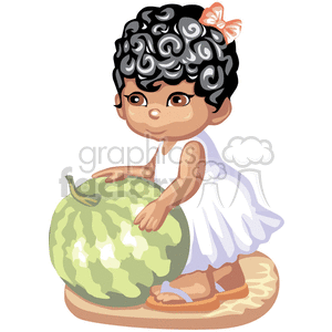 clipart - Little Girl in White Touching a Watermelon.