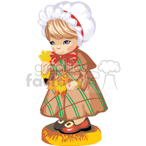 A little girl in a white bonnet holding fall leaves clipart. Commercial use image # 376295