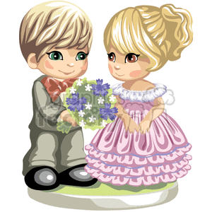 Cute little boy giving blue flowers to a little girl dressed in pink clipart.