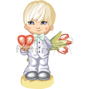 A small boy holding a heart out and a Bouquet of flowers Behind his Back clipart. Commercial use image # 376320