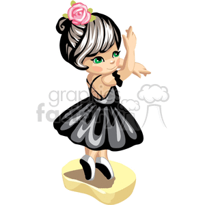 A little ballerina girl in a black dress with a pink flower in her hair