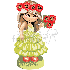 A Little Girl with a Lime Green Dress Holding and Wearing Red Tropical Flowers clipart. Commercial use image # 376335