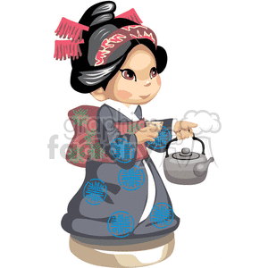 Small asian girl holding a teapot clipart.