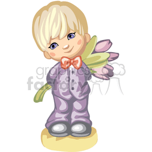 A Little Blue Eyed Boy in a Suit and a Red Bow tie Holding Flowers Behind his Back clipart. Royalty-free image # 376350