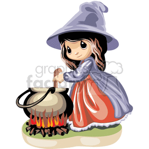 A little witch girl stirring her pot clipart.