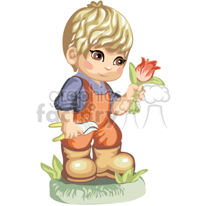 clipart - A little boy gardener cutting tulips.