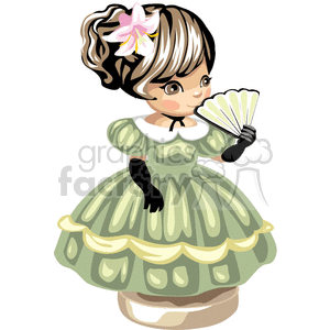 A girl in a green and gold party dress with black gloves holding a fan clipart. Commercial use image # 376370