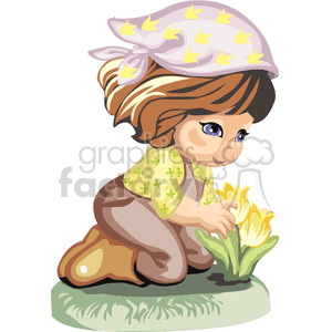 clipart - A little girl planting tulips with her gardening clothes on.