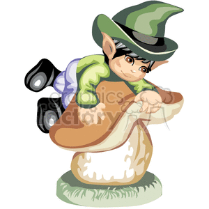 clipart - A kid leprechaun climbing on a mushroom.