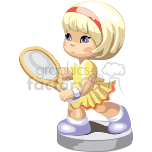 A Little Blonde Girl in a Yellow Tennis Dress Holding a Racket