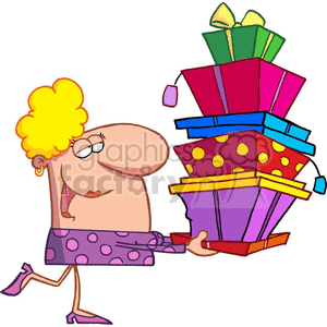 lady carrying birthday gift gifts present presents stack bunch holding women purple cartoon funny vector blond hair female polka dots funny silly pink green  
